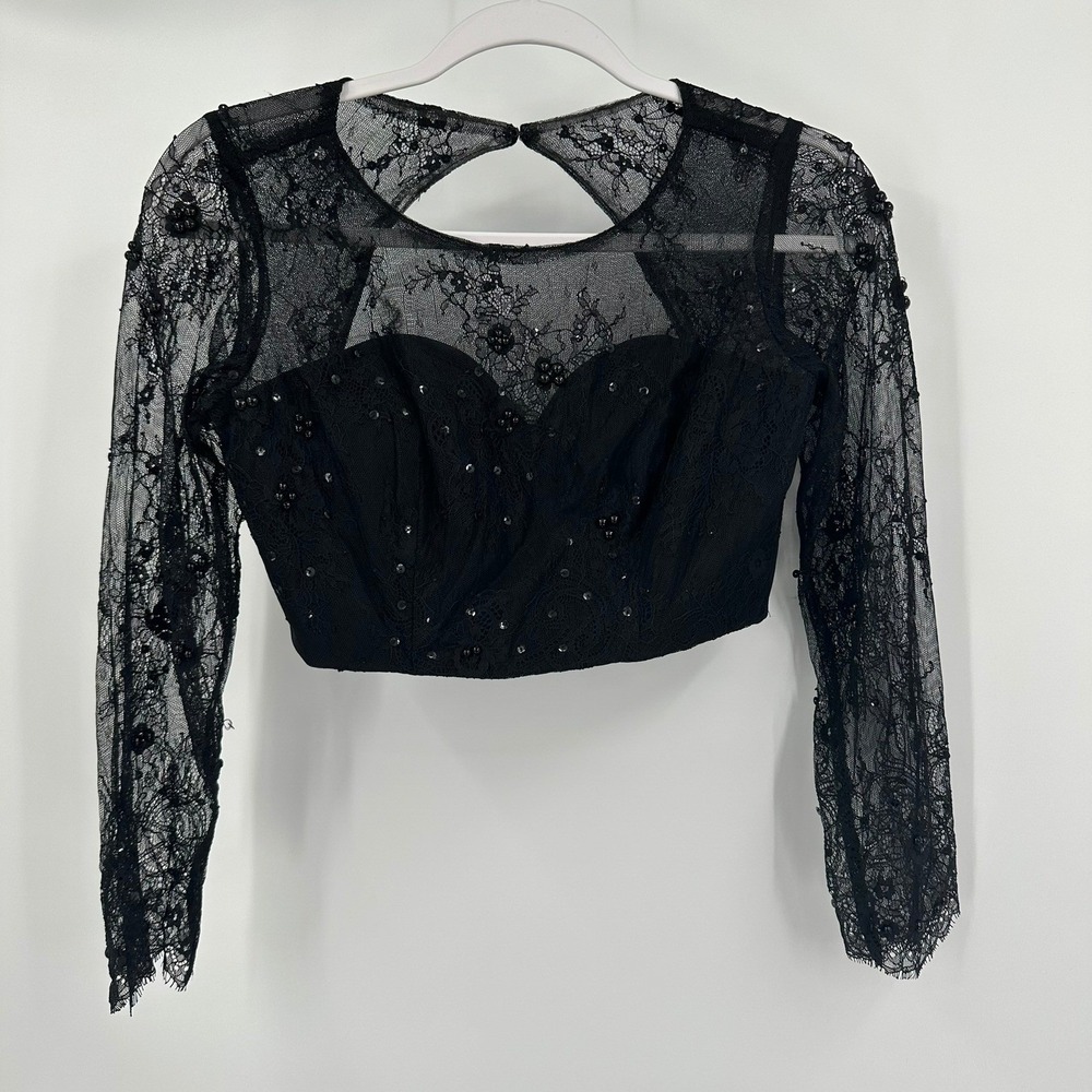 Womens Whimisigoth Coquette Black Lace Cropped Top Size XS Sequin Beaded Sheer